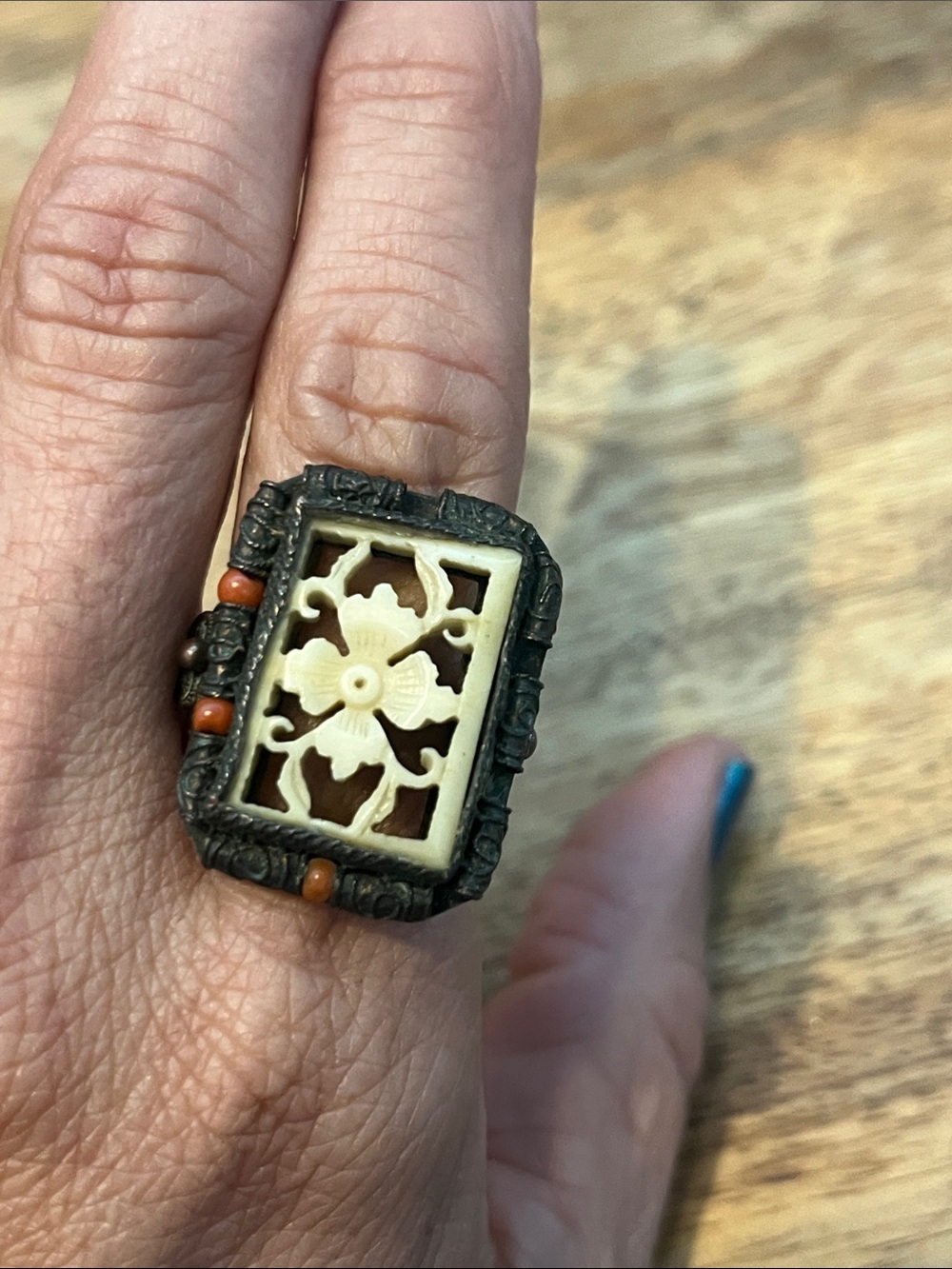 Vintage Adjustable Ivory Carved Floral Statement Ring